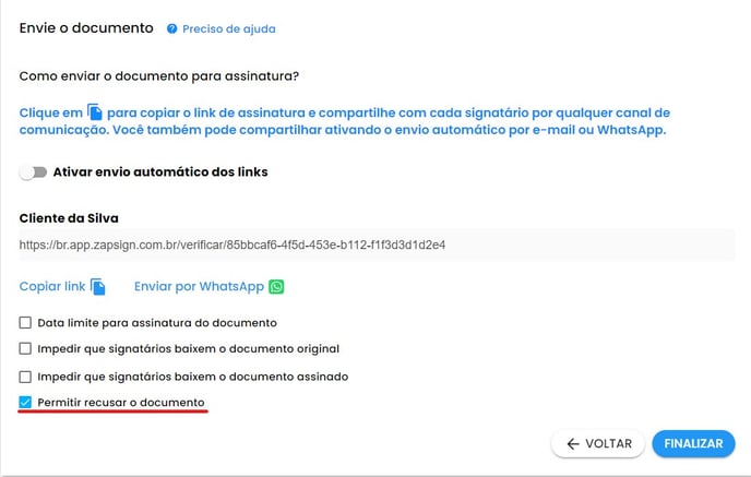 permitir recusa do documento